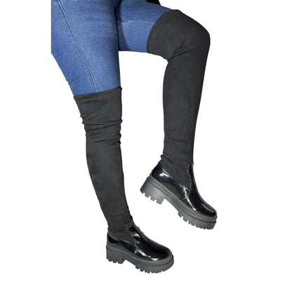 Bota plataforma mujer caña alta stresh gamuza con charol negra – Ref. Celeste Strong