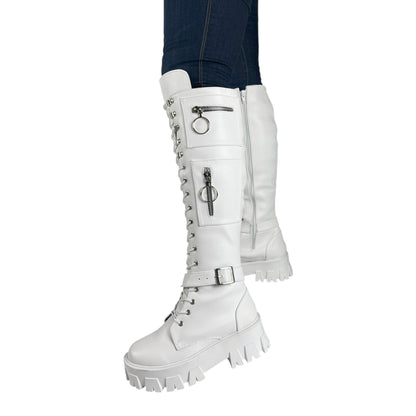 Bota alta plataforma 1.5 cordones blanco base cuero – Ref. Guadalupe