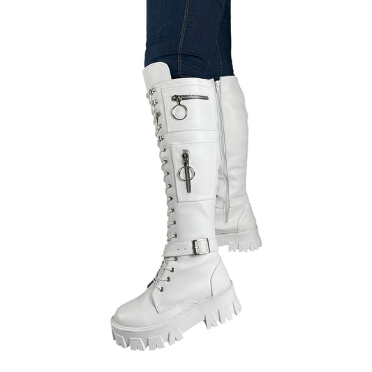 Bota alta plataforma 1.5 cordones blanco base cuero – Ref. Guadalupe