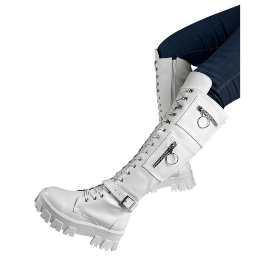 Bota alta plataforma 1.5 cordones blanco base cuero – Ref. Guadalupe