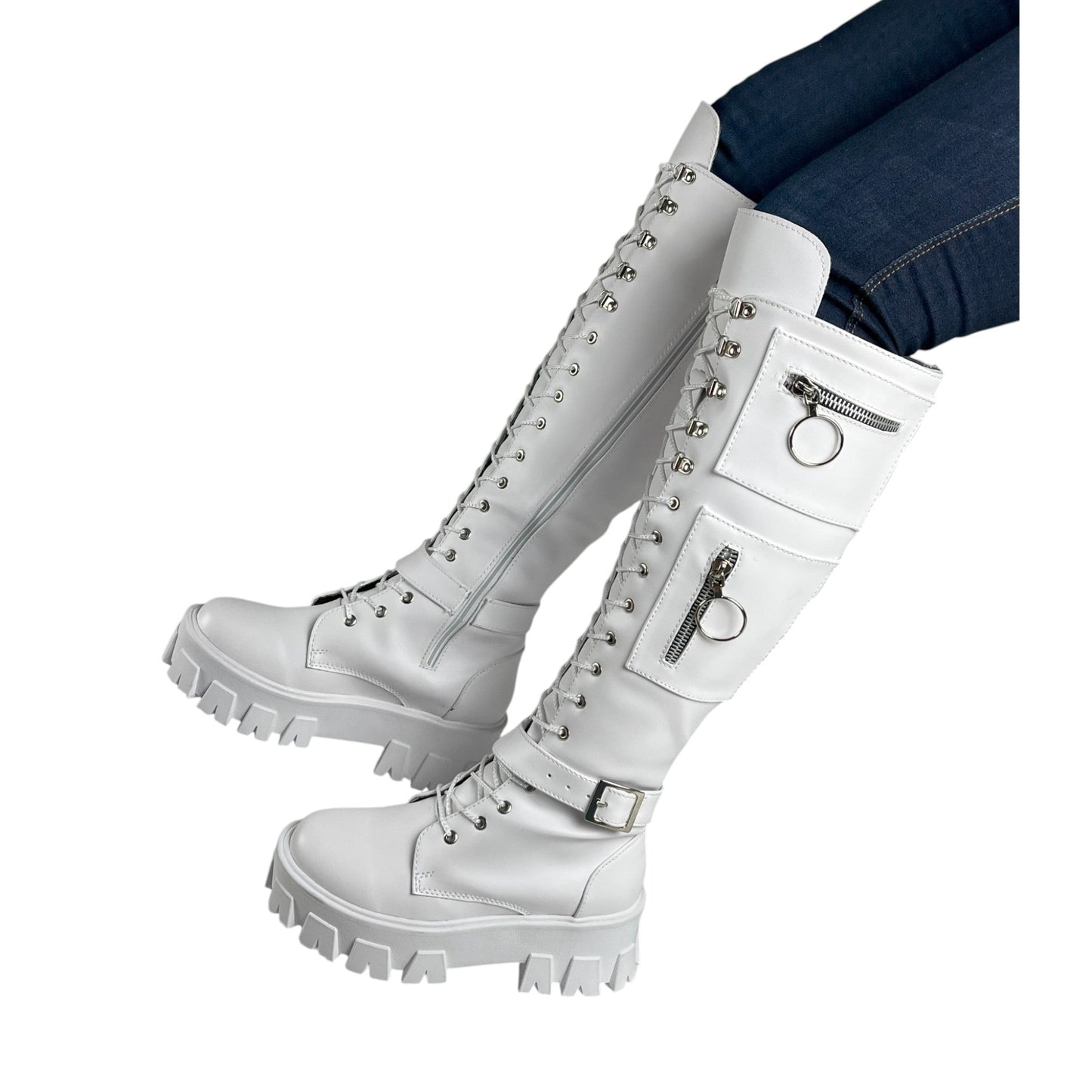 Bota alta plataforma 1.5 cordones blanco base cuero – Ref. Guadalupe