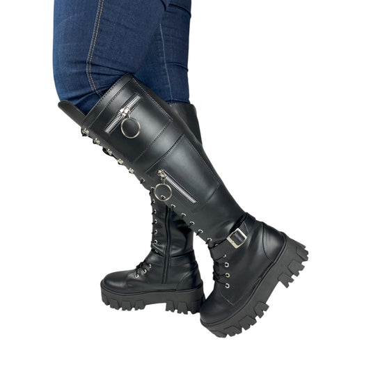 Bota alta plataforma 1.5 cordones negro base cuero – Ref. Guadalupe