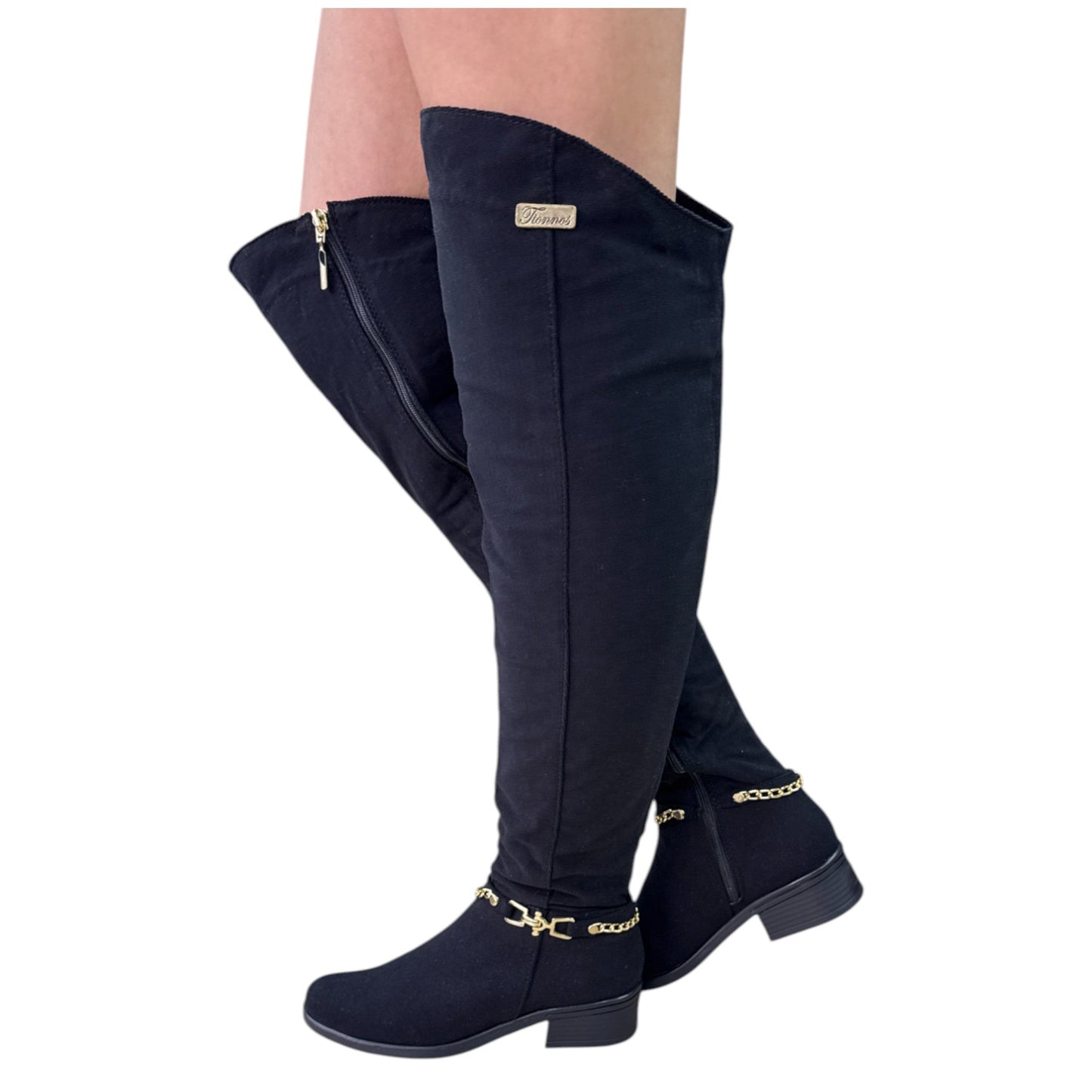Bota alta caña extralarga tacón 3.5 negro gamuza – Ref. Mafe
