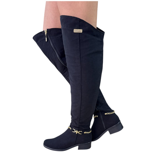 Bota alta caña extralarga tacón 3.5 negro gamuza – Ref. Mafe