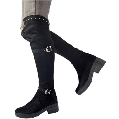 Bota alta negra gamuza stresh tacón 3.5 – Ref. Paola