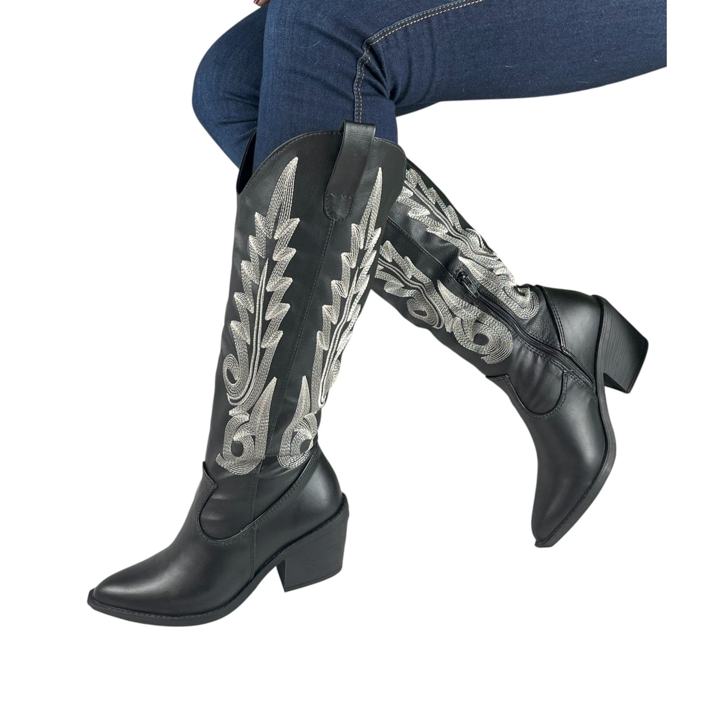 Bota media caña Negro acabado tipo cuero Texana Base Cuero Blanco