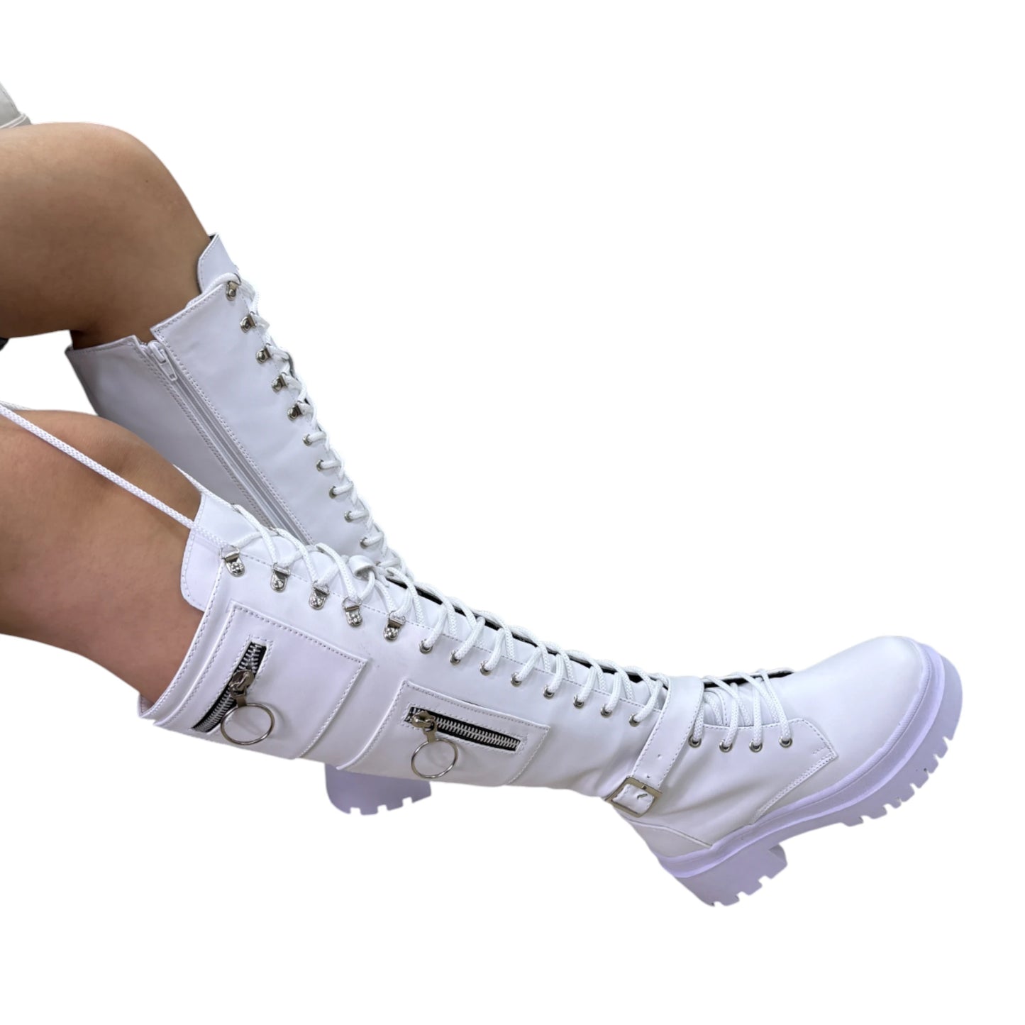 Bota alta plataforma 1.5 cordones blanco base cuero – Ref. Guadalupe