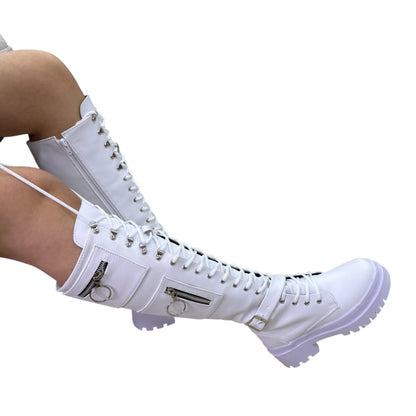 Bota alta plataforma 1.5 cordones blanco base cuero – Ref. Guadalupe