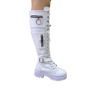 Bota alta plataforma 1.5 cordones blanco base cuero – Ref. Guadalupe