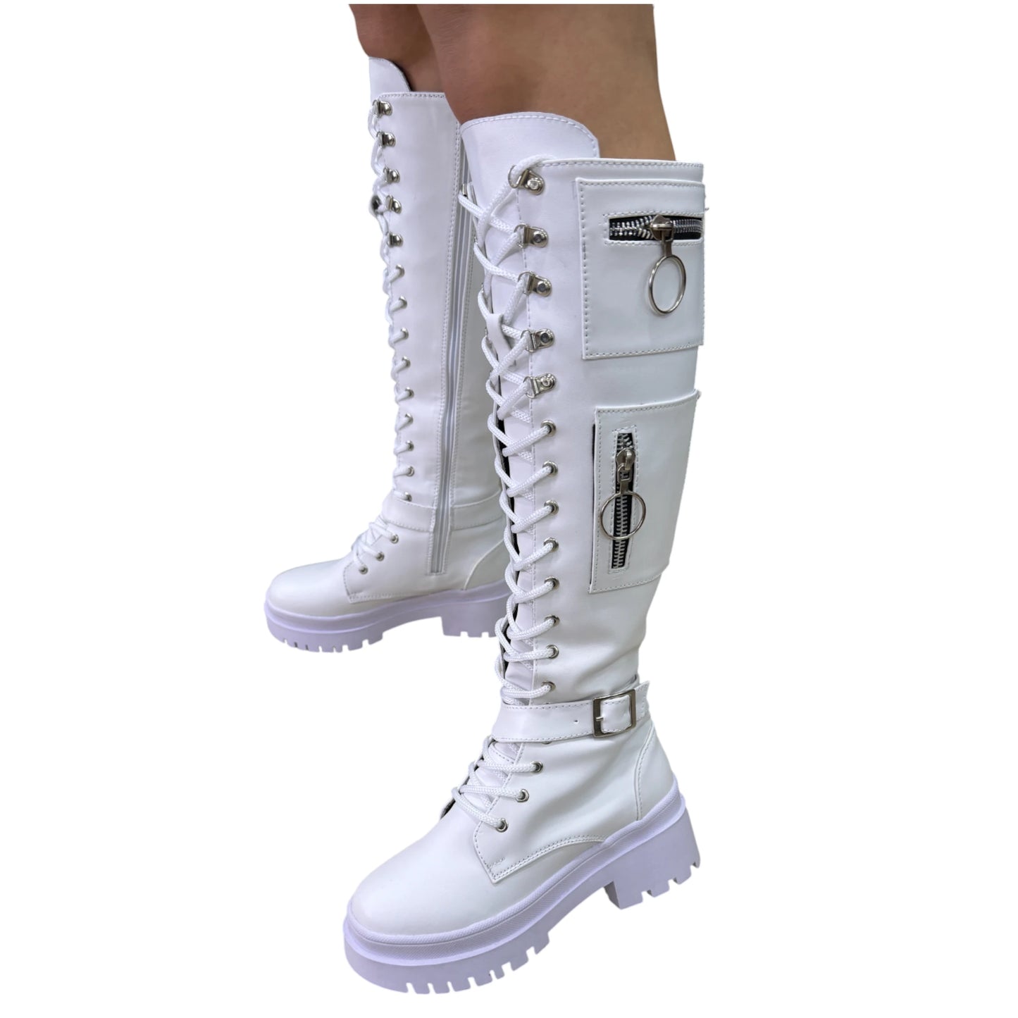 Bota alta plataforma 1.5 cordones blanco base cuero – Ref. Guadalupe
