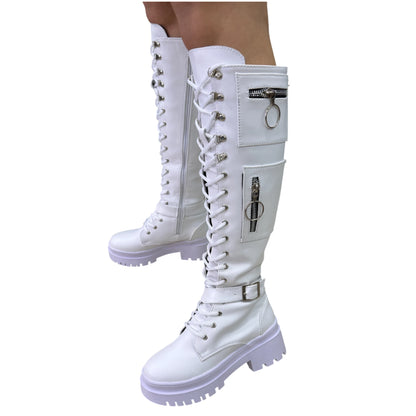 Bota alta plataforma 1.5 cordones blanco base cuero – Ref. Guadalupe