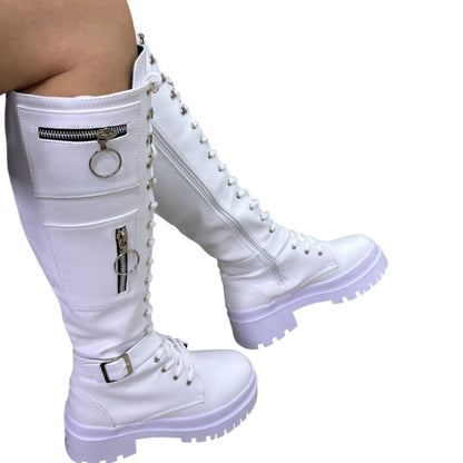 Bota alta plataforma 1.5 cordones blanco base cuero – Ref. Guadalupe